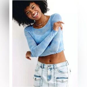 Aerie Blue Tie Dye Mesh Crop Top Sheer Long Sleeve Y2K Festival Small